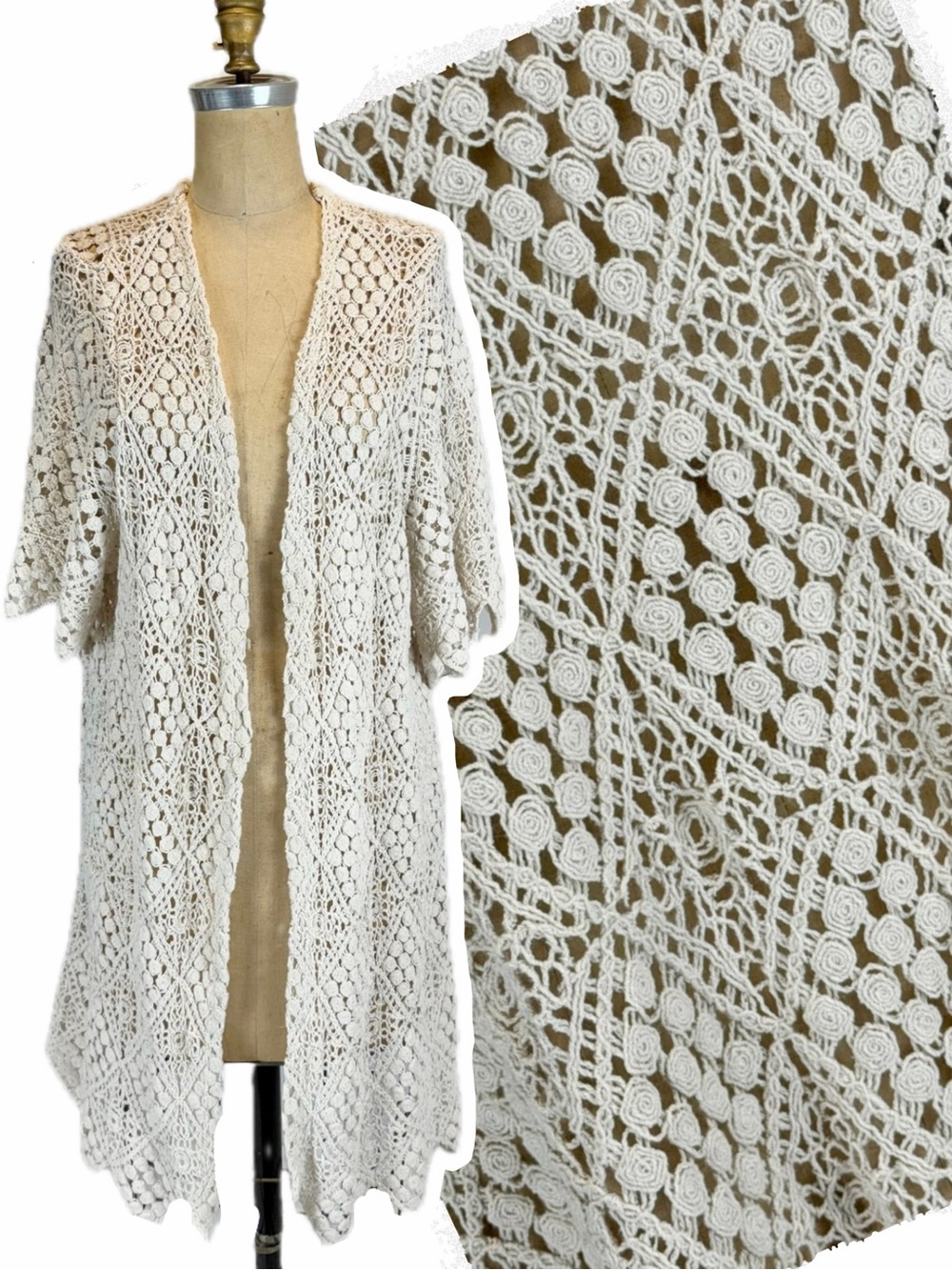 Crochet cardigan open front kimono duster ecru natural boho festival cottagecore